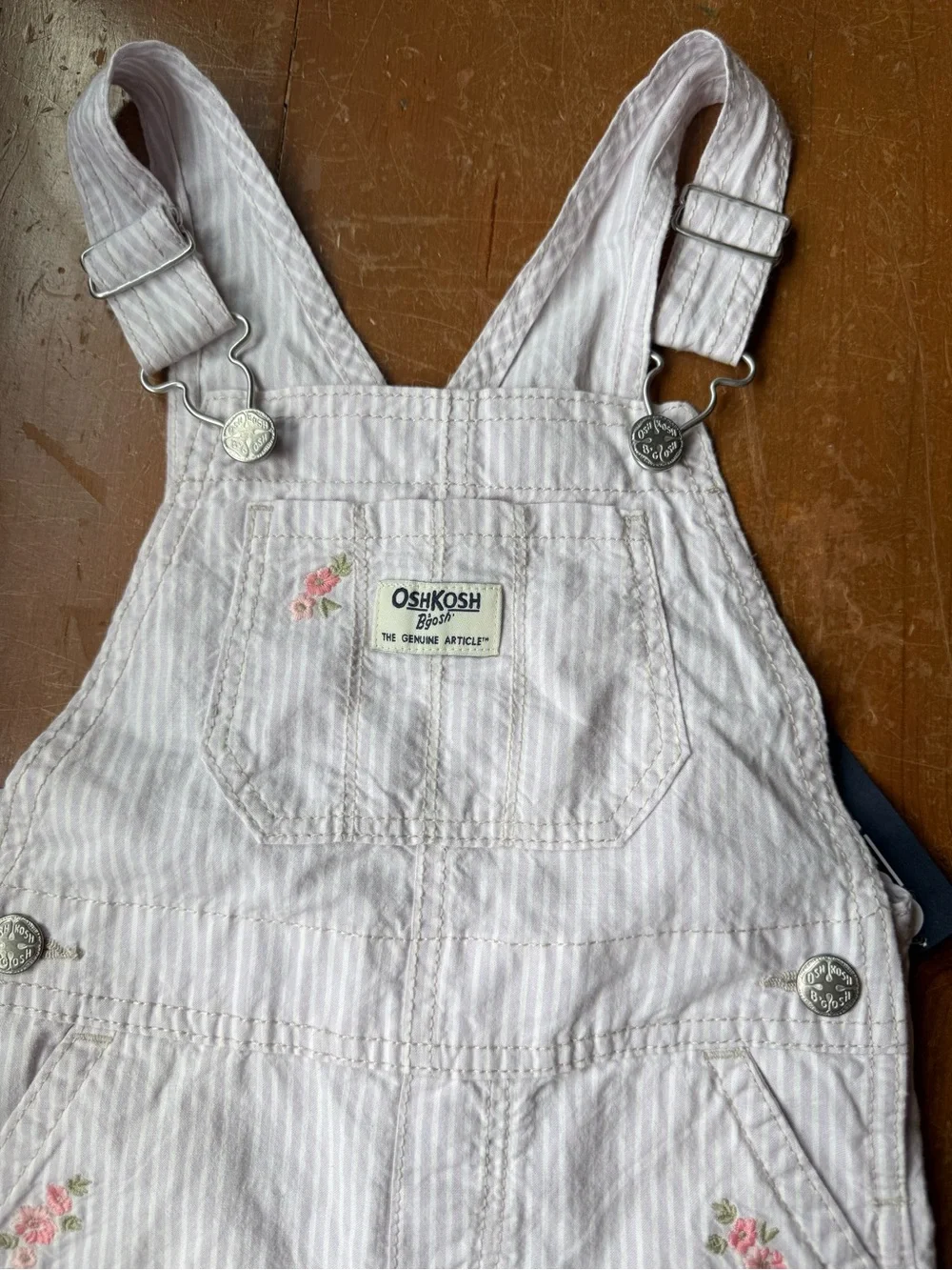 OshKosh B'gosh Light Pink Stripe Short Overalls with Floral Embroidery